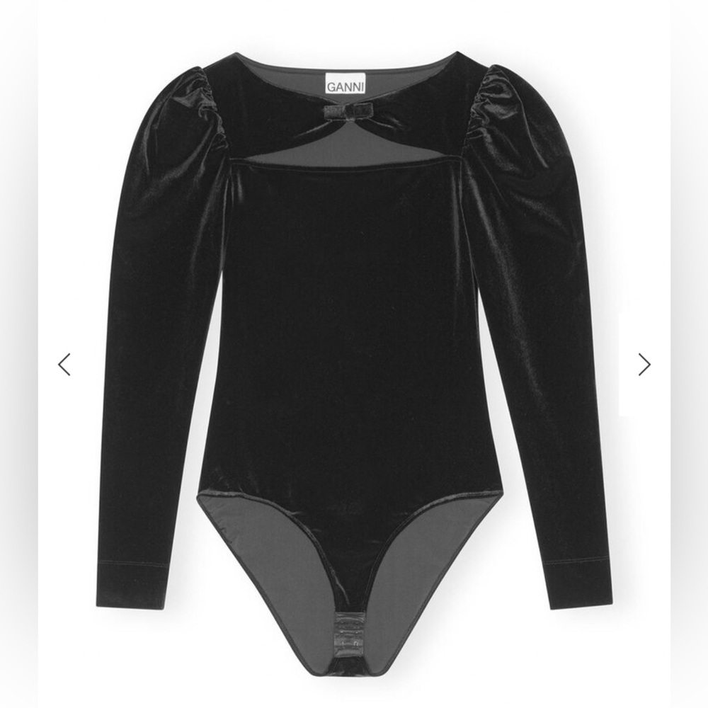 Ganni Women’s Black Velvet Jersey Bodystocking Bow Detail Size EU 42 US 10/12